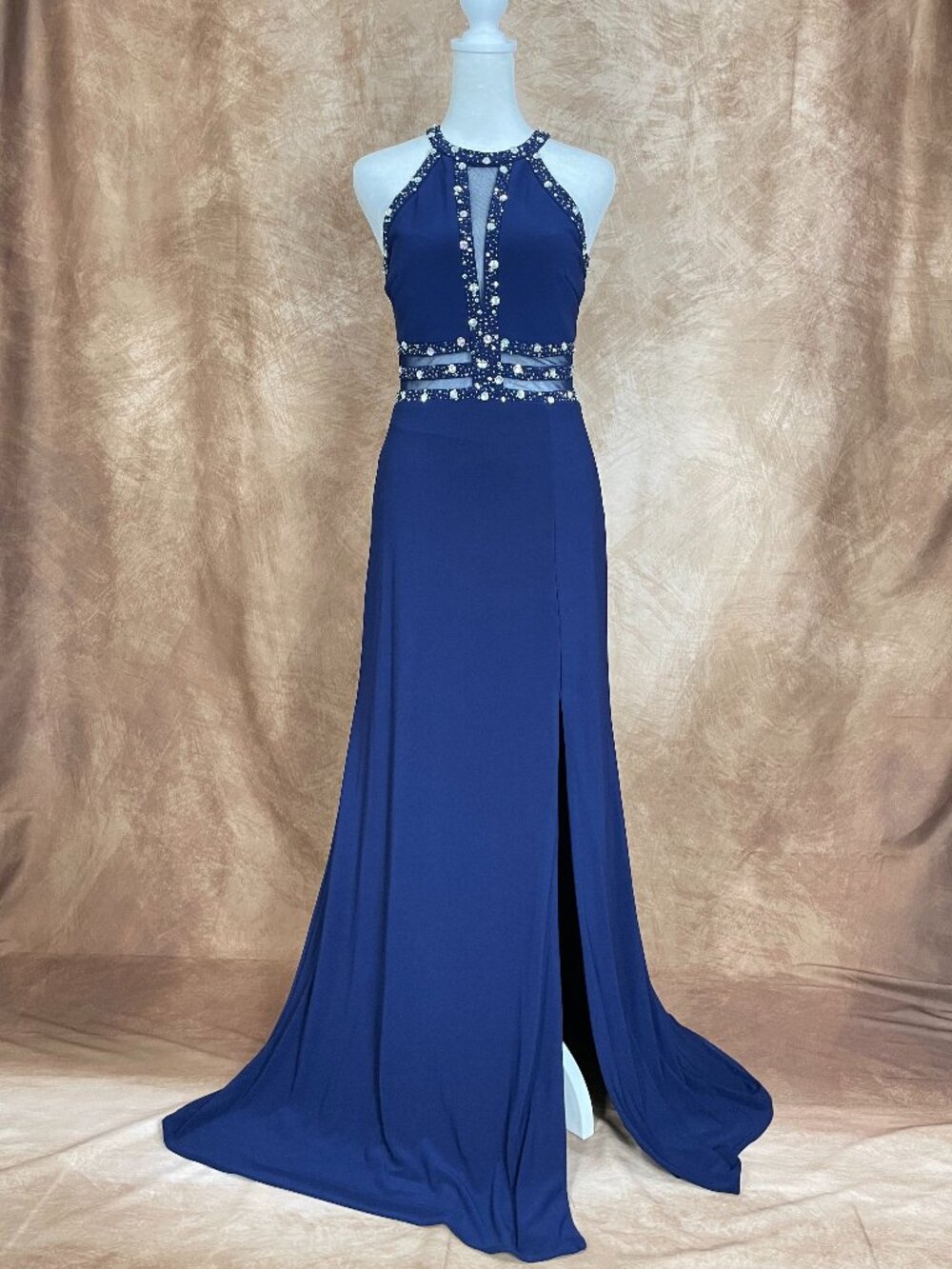 Morgan & Co Embellished Halter Evening/Prom Gown in Navy size 3